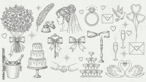 Wedding illustration elements including bride, bouquet, and romantic symbols in a celebratory scene