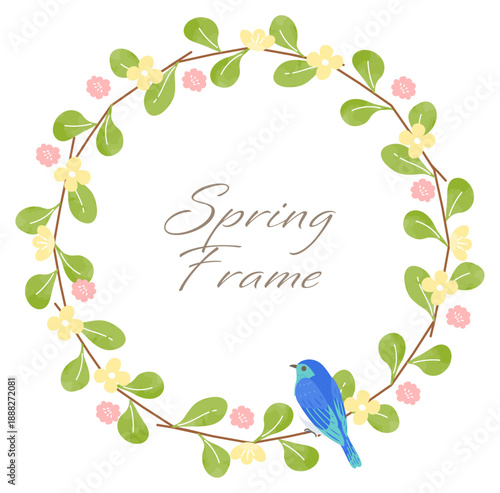 青い鳥と春の花のリース型フレーム / Spring Floral Wreath with Blue Bird