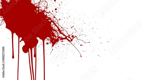 Vibrant red splatter art on a clean surface, showcasing dynamic liquid motion from a top-left viewpoint, resembling a creative splash.