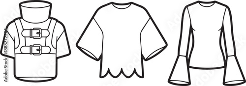 Fashion clothing sketch set including buckle harness top and bell sleeve blouse line art