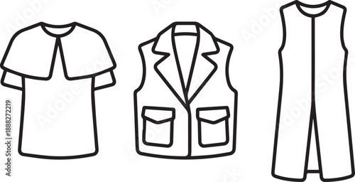 Layered collar top, utility vest, and sleeveless tunic outlines