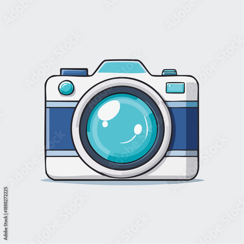 Vibrant cartoon digital camera illustration with a prominent, shiny lens in a stylish blue and white design, symbolizing photography, media, and creative projects