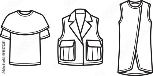 Layered collar t-shirt, utility vest, and sleeveless tunic outline