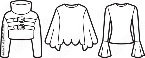 Line art collection of fashion tops; buckle jacket, bell sleeve top, and flared sleeve shirt