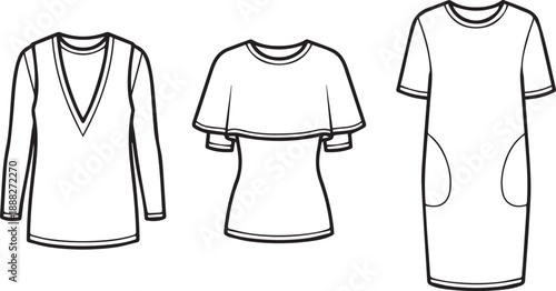 Minimalist clothing design sketches for womens vneck cardigan cape top and pocketed dress