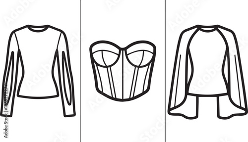Minimalist outline fashion flat sketch set showing modern tops and corset bodice design