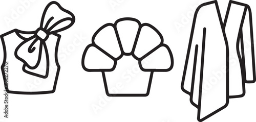 Minimalist fashion top icons set with bow detail and asymmetric draped cardigan drawing