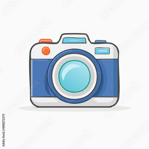 Vintage blue and white cartoon camera with a large lens and buttons on top, perfect for photography enthusiasts and graphic design projects