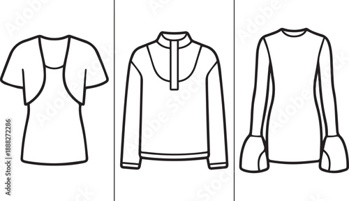 Minimalist outline fashion icons set with bolero jacket zip up pullover and flared sleeve