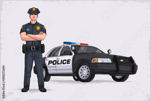 Policeman with arms crossed standing beside black and white police patrol car with siren, law enforcement officer and vehicle illustration