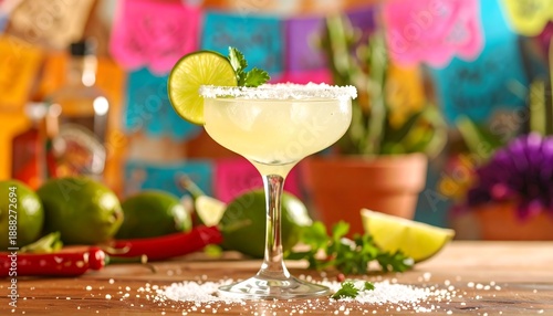 Wallpaper Mural Classic Margarita cocktail with a salted rim and lime slice in a festive Mexican setting. Torontodigital.ca