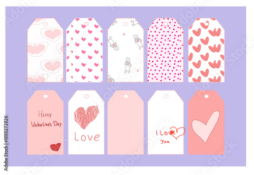 Ten Valentine's Day tags, Valentine's Day invitation paper. A set of gift tags and cards for Valentine's Day and the Day of Love, a gift tag. A collection of charming gift tags with romantic phrases, 