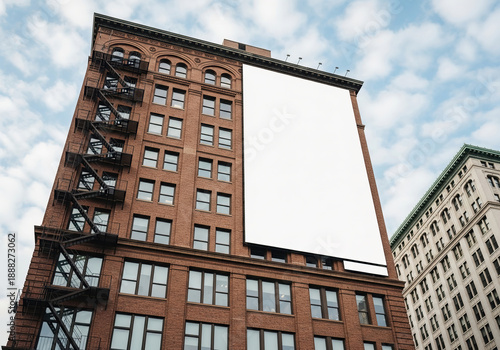Large blank white billboard mockup on a classic red brick building facade. Grand scale outdoor advertising in a metropolitan area with blue sky.
