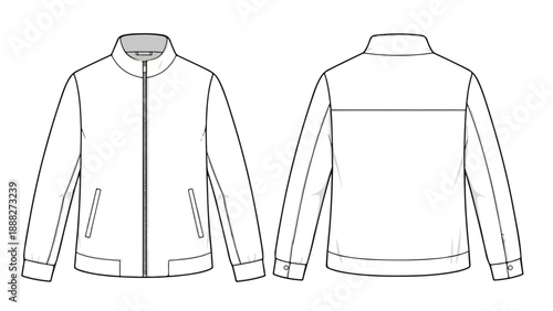 Technical drawing of a zip-up jacket with front and back views on a white background.