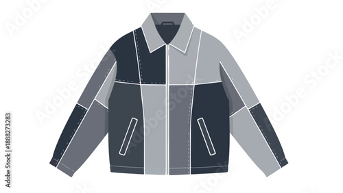 Flat lay of a gray and black patchwork jacket with white accents on a clean white background.