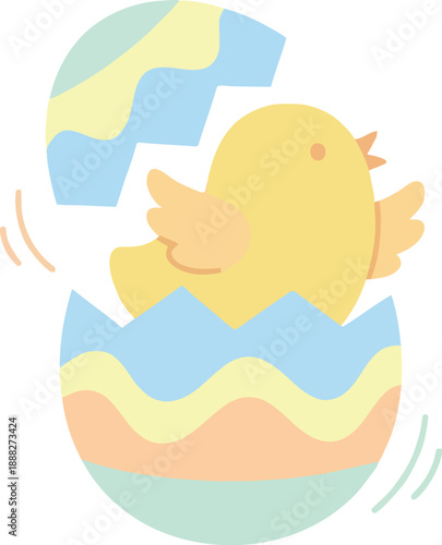 Whimsical cartoon chick joyfully cracking out of a beautifully decorated pastel Easter egg, heralding the promise of new life and vibrant beginnings