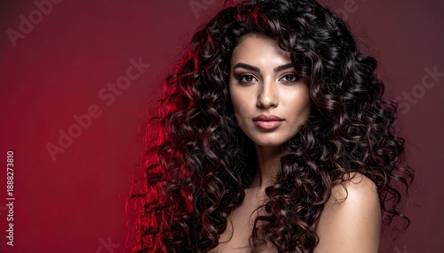 Portrait of a woman with long, dark curly hair, against a red-toned background