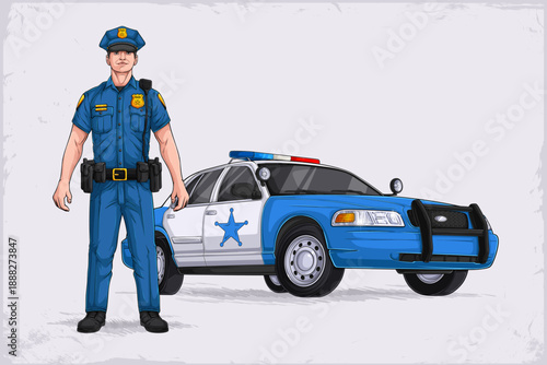 Policeman standing beside blue police patrol car with siren, badge and star emblem, law enforcement vehicle and officer illustration