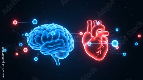 Conceptual illustration of brain and heart connected by digital networks