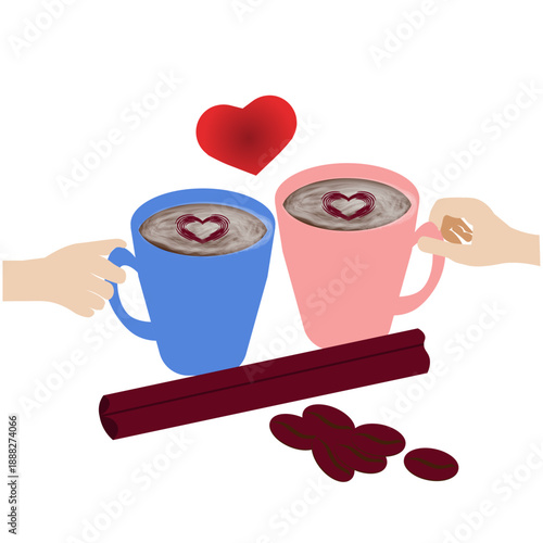 Pink and Blue Coffee Cups with Foamed Coffee, Cinnamon and Coffee Beans