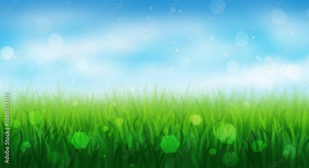Fototapeta premium Fresh green wheat field under blue sky with soft sunlight glow