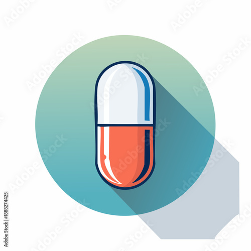 Clean and modern graphic illustration of a pharmaceutical capsule, designed as a digital icon to represent health, wellness, treatment, and medical care in a simple, accessible visual style