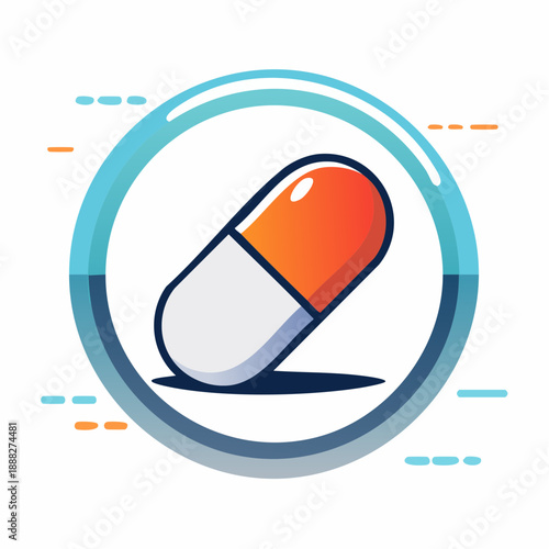 A stylized illustration of a single capsule, showcasing its distinct orange and white colors, presented within a circular frame with subtle decorative lines