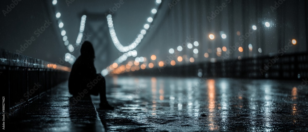 Fototapeta premium person sits on wet bridge at night