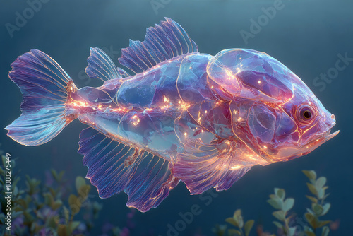 A fantasy image of a glowing fish with a translucent body and bioluminescent lines, seemingly filled with inner energy 
