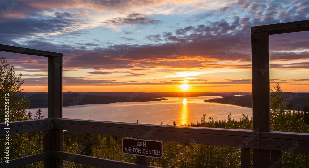 Fototapeta premium Sunset over calm lake with wooden fence frame