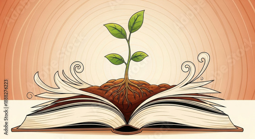 Plant growing from open book knowledge growth concept