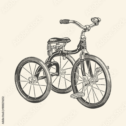 Vintage retro illustration of a classic child's tricycle with a sprung seat and bell on a cream background, evoking nostalgia and childhood memories.