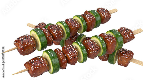 Two skewers of glazed meat cubes and zucchini slices with sesame seeds