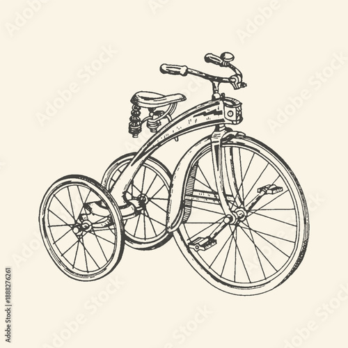 Vintage tricycle illustration with a retro sketch style, evoking nostalgia for childhood and simpler times.