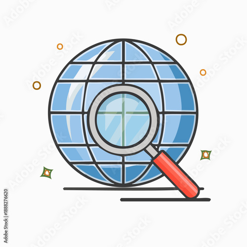 Global search and analysis magnifying glass over planet earth, conceptual illustration of internet exploration and data discovery