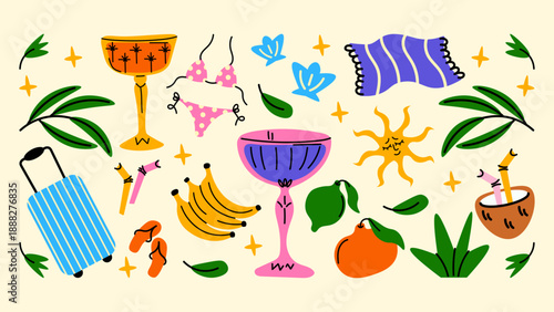 Cartoon summer sticker pack in retro 90s style. Beach vibes, sun, swimwear, party mood and vacation energy. Bright groovy funky elements for labels and stamps.