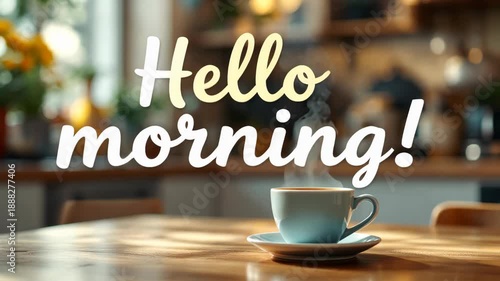 Steaming coffee cup on a wooden table with Hello morning text overlay. Hot beverage in a sunny kitchen with a greeting message. Morning routine concept