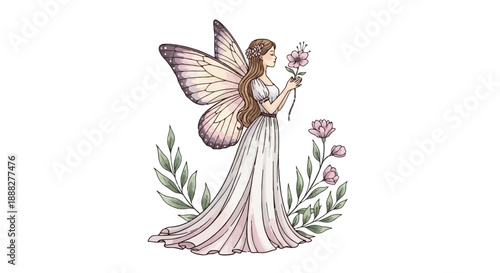 Beautiful fairy woman with butterfly wings holding flower in blooming garden