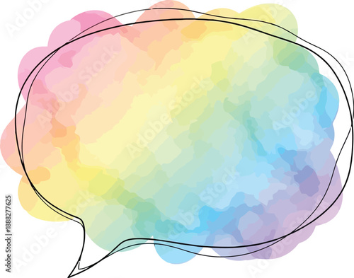Watercolor rainbow speech bubble frame with hand drawn messy line border