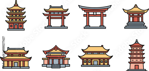 Asian Temple and Pagoda Architecture Icon Set Flat Vector Illustration