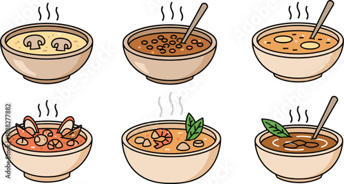 Hot Soup Bowl Collection with Mushroom and Seafood Flat Vector Illustration