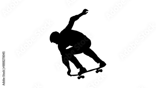 Skateboarder Silhouette Performing Action Trick on White Background
