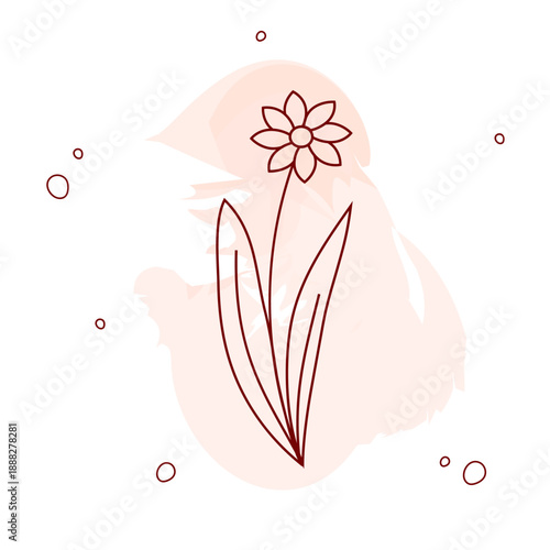 Elegant botanical line art illustration of a flower. Dark red outline against a soft watercolor splash. Perfect for eco-branding, packaging design, and autumn decor