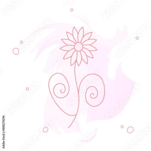 Elegant flower illustration with fine contour lines and swirls. Abstract pink watercolor background. Perfect for gentle branding, greeting cards, and spring designs