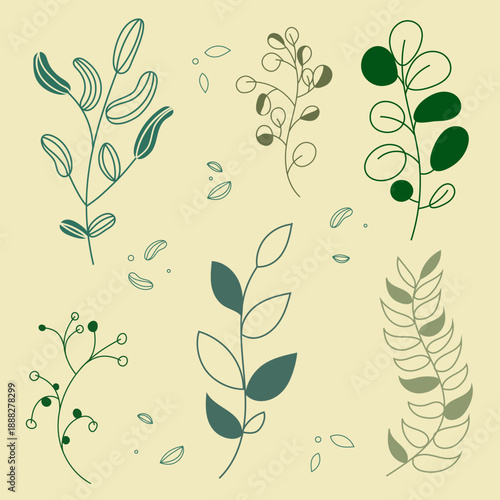 Large collection of modern floral elements. Six different leafy branches on a warm beige background. Universal set for eco-branding, logo design, natural cosmetic packaging, and spring patterns