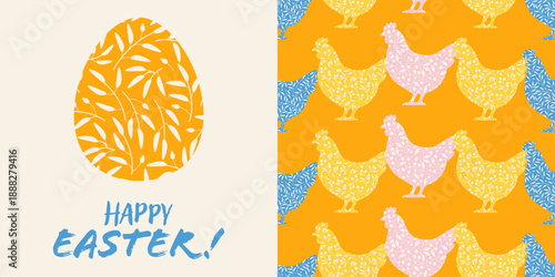 Happy Easter greeting card with patterned egg silhouette and festive chicken repeat on orange background. Spring floral folk style in pastel blue, yellow and pink for holiday designs for invites too