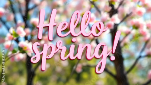 Hello spring pink 3D text animation on blurred cherry blossom background. Seasonal greeting with falling petals and bokeh.