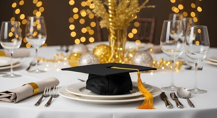 Elegant table setting with graduation cap centerpiece, surrounded by glassware and decor