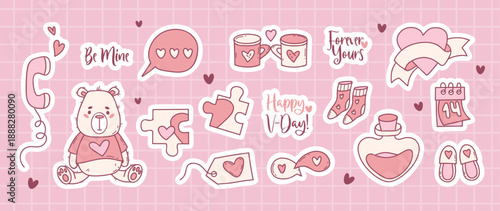 Cute Pink Valentines Day Sticker Planner Pack. Teddy Bear, Love Elements, Heart, Romantic Symbols and Quotes Set. Isolated Whimsical Hand Drawn. Vector Illustration