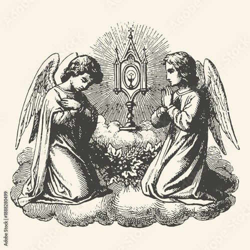 Vintage Illustration of Two Angels Adoring the Blessed Sacrament on Clouds, Sacred Art, Religious Symbolism, Gothic Style, Divine Light